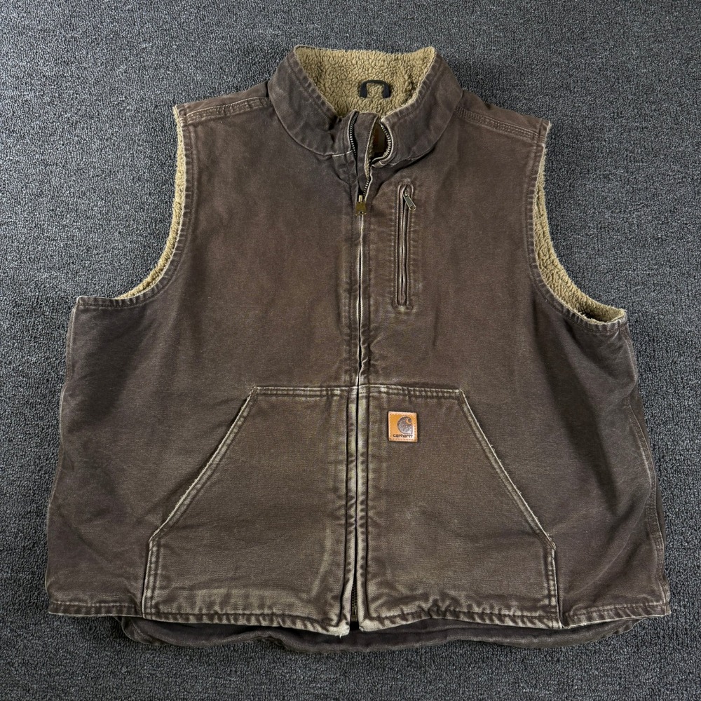 Carhartt Vest Mens XL V33-DKB Sandstone Duck Sherpa Lined Dark Brown EUC